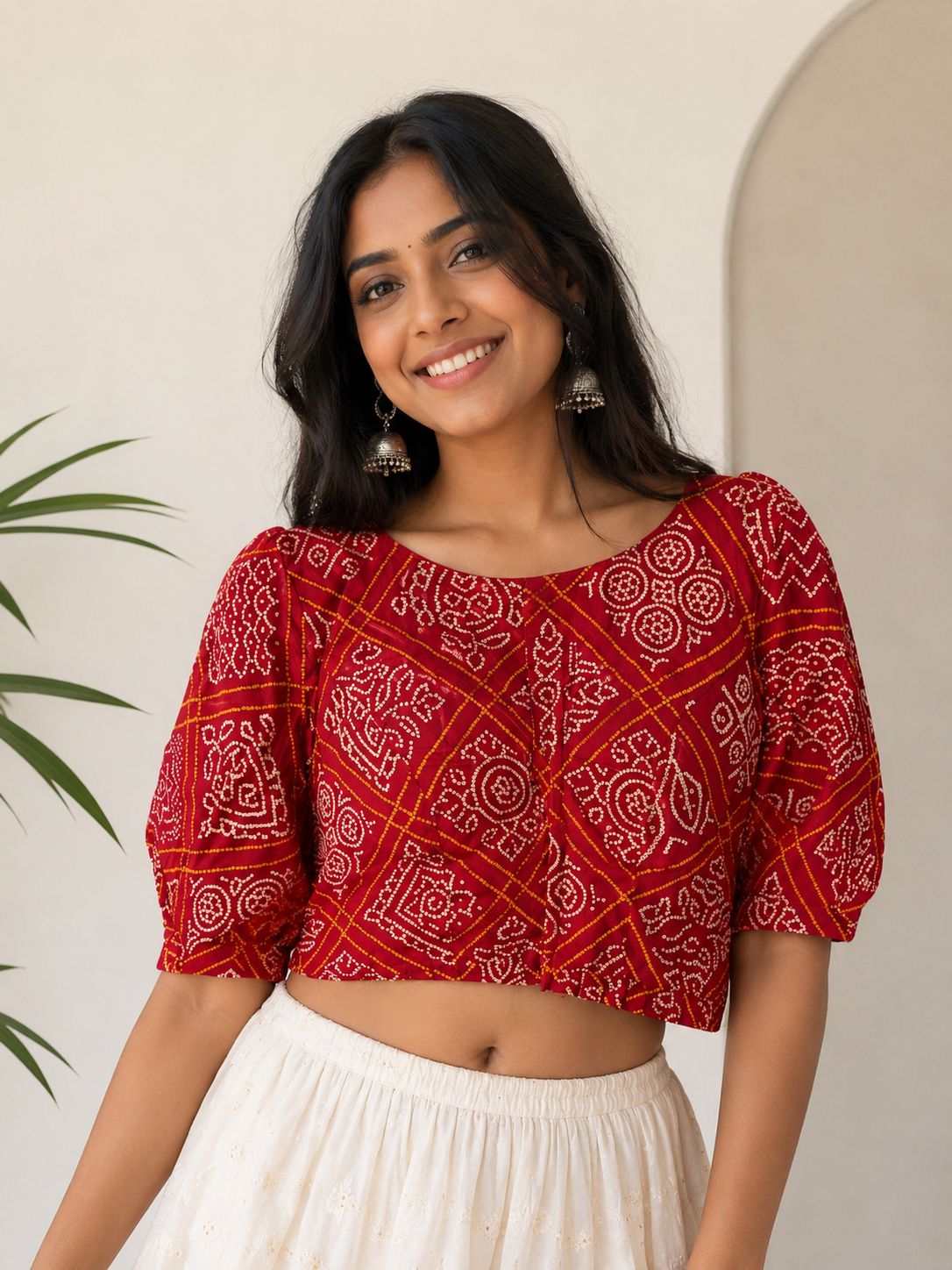 Women’s Red Silk Printed Blouse Free Size – Designer Puff Sleeve Ethnic Crop Blouse for Saree & Lehenga