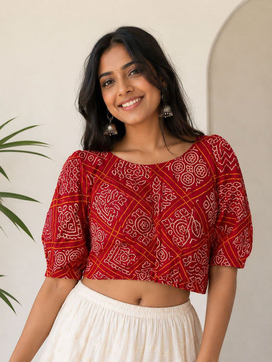 Women’s Red Silk Printed Blouse – Designer Puff Sleeve Ethnic Crop Blouse for Saree & Lehenga