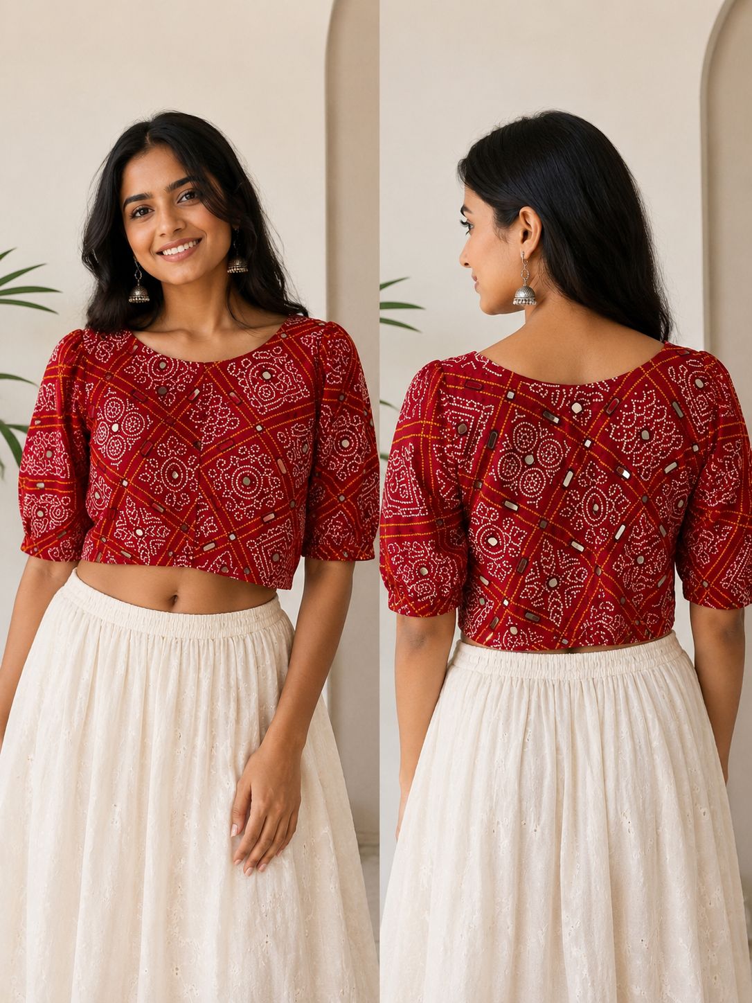 Women’s Red Silk Printed Blouse Free Size – Designer Puff Sleeve Ethnic Crop Blouse for Saree & Lehenga