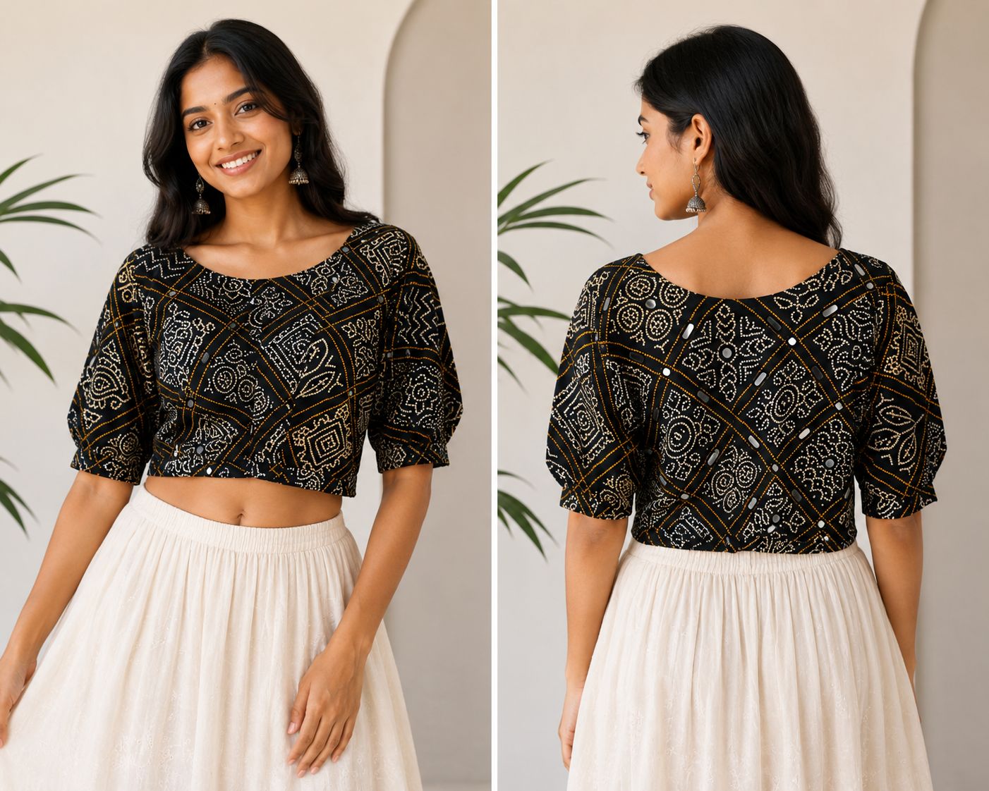 Women’s Black Silk Blend Mirror Work Blouse for Saree & Lehenga Free Size | Puff Sleeve Ethnic Crop Blouse