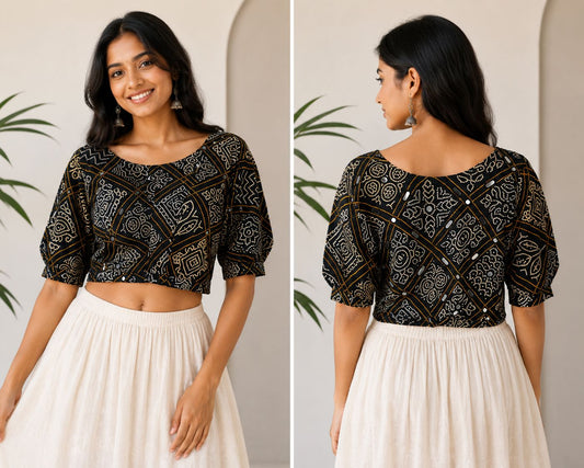 Women’s Black Silk Blend Mirror Work Blouse for Saree & Lehenga | Puff Sleeve Ethnic Crop Blouse