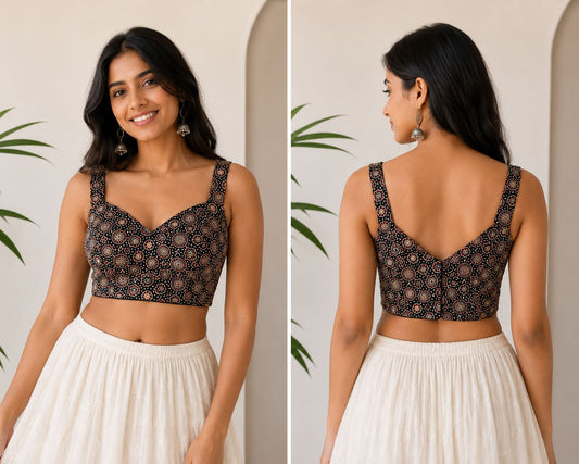Women’s Black Ajrak Print Silk Blend Blouse for Saree & Lehenga | Designer Ethnic Crop Blouse