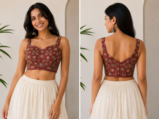 Women’s Silk Blend Ajrak Print Designer Blouse for Saree & Lehenga | Sleeveless Ethnic Crop Top Blouse