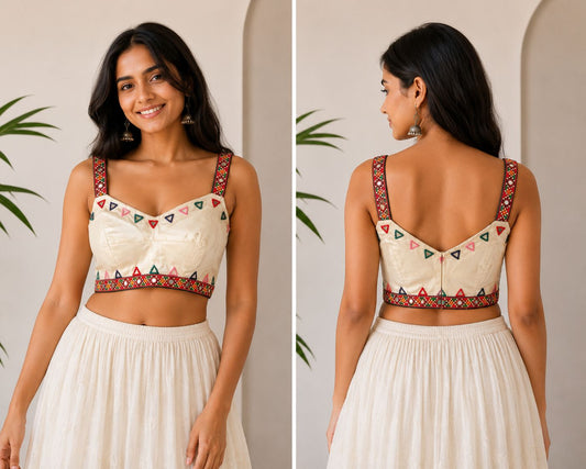Women’s Silk Blend Mirror Work Designer Blouse for Saree & Lehenga | Sleeveless Ethnic Crop Top Blouse