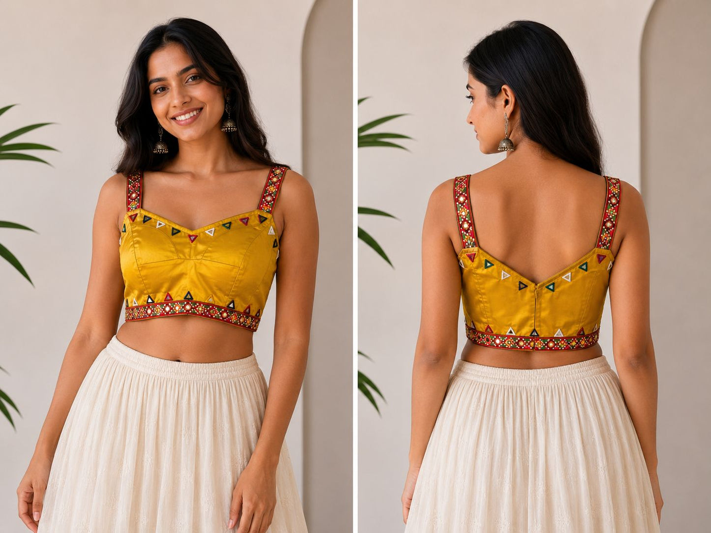 Women’s Yellow Silk Blend Mirror Work Designer Blouse for Saree & Lehenga Free Size  | Sleeveless Ethnic Crop Top