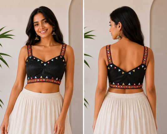 Women’s Black Silk Blend Mirror Work Blouse | Sleeveless Ethnic Designer Crop Blouse for Saree, Lehenga & Festive Wear