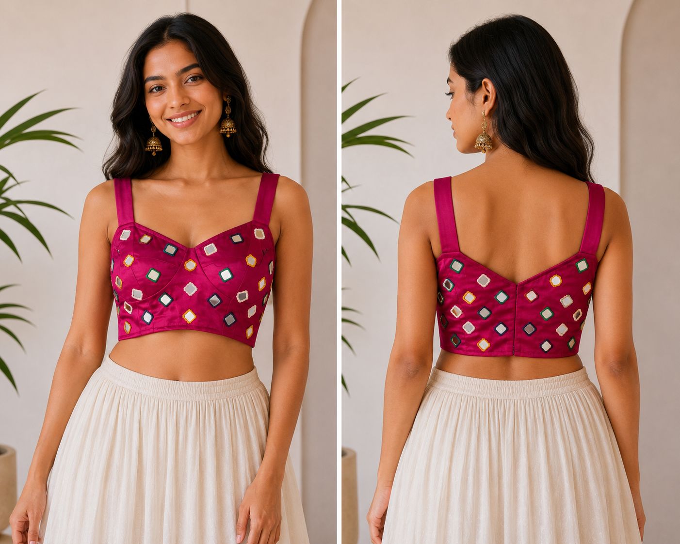 Women’s Pink Silk Blend Mirror Work Blouse Free Size | Sleeveless Designer Ethnic Crop Blouse for Saree & Lehenga