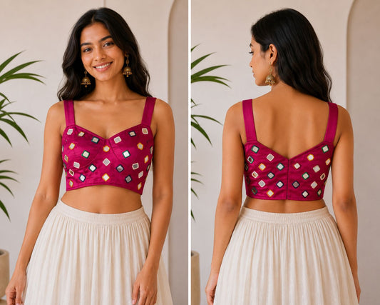 Women’s Pink Silk Blend Mirror Work Blouse | Sleeveless Designer Ethnic Crop Blouse for Saree & Lehenga