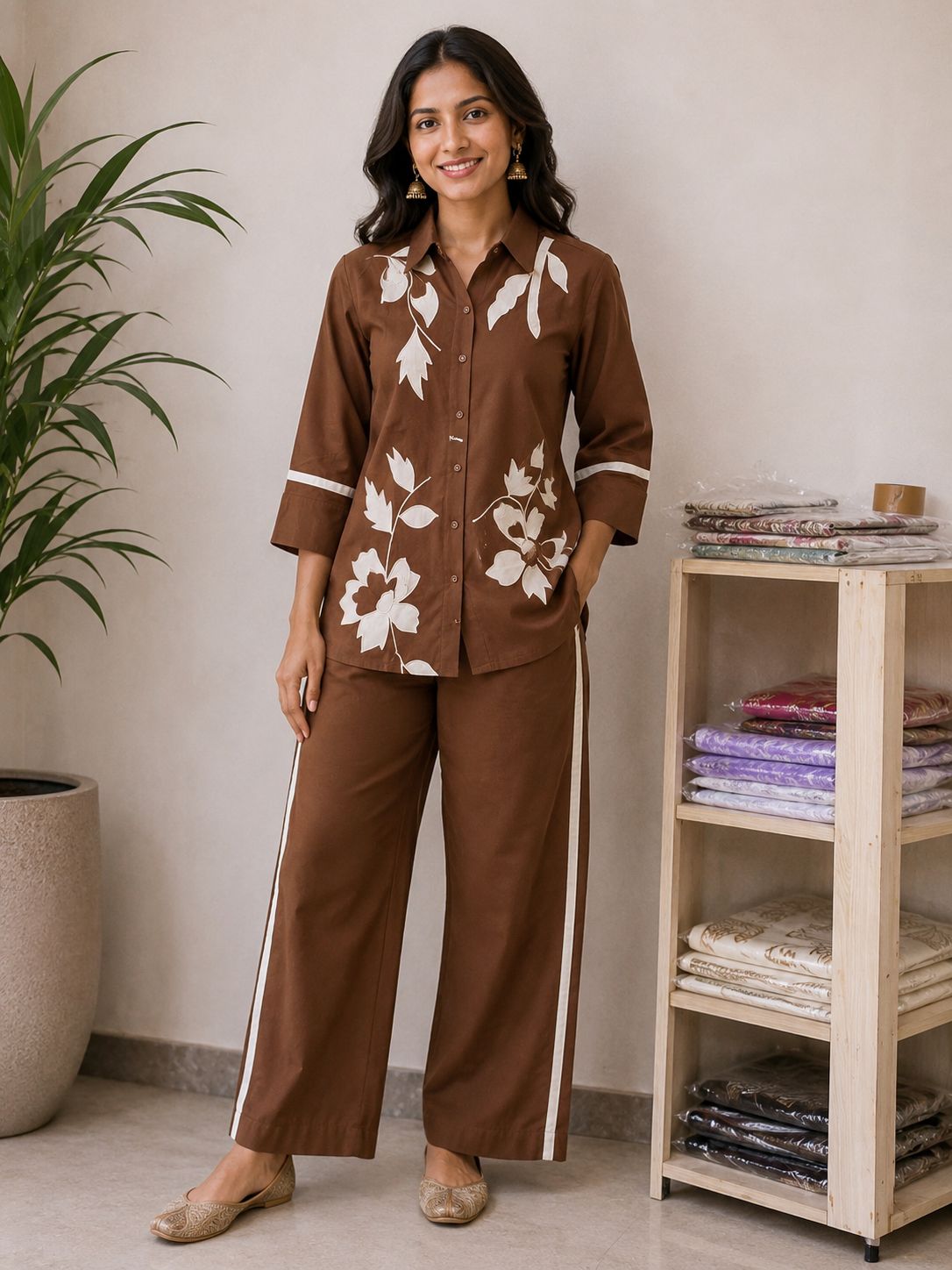 Women’s Khadi Cotton Co-Ord Set | Floral Printed Shirt & Straight Pants Casual Lounge Wear Set
