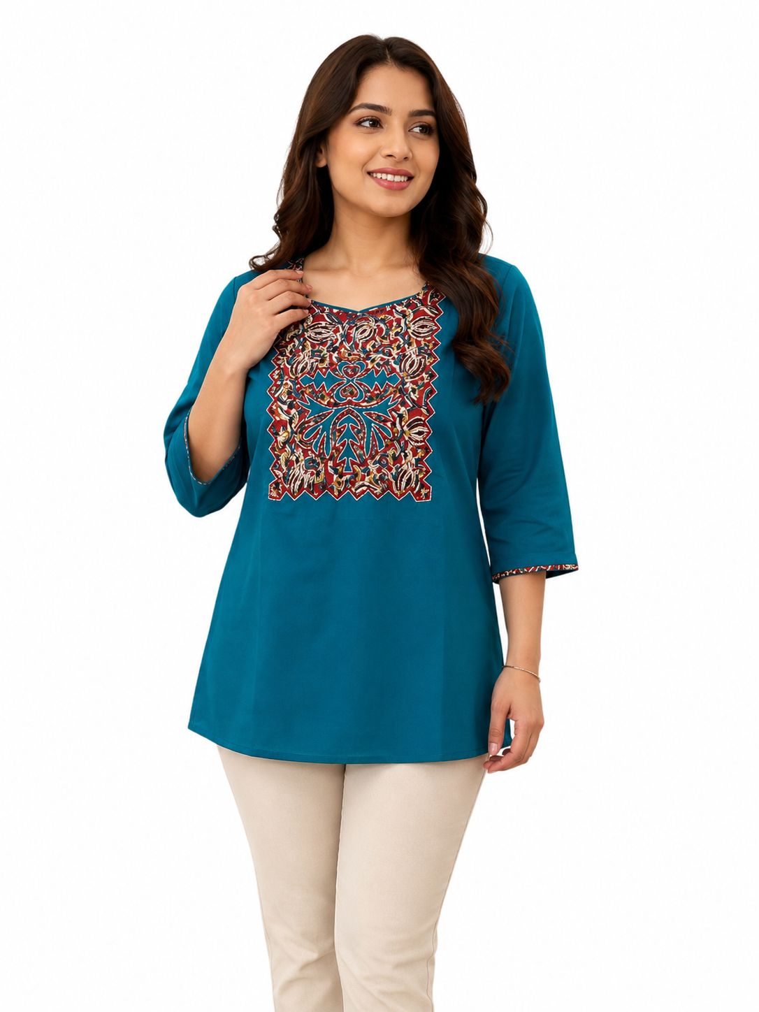 Women’s Kalamkari Printed Short Kurti for Women | Ethnic Tunic Top with 3/4 Sleeves | Casual Office Wear