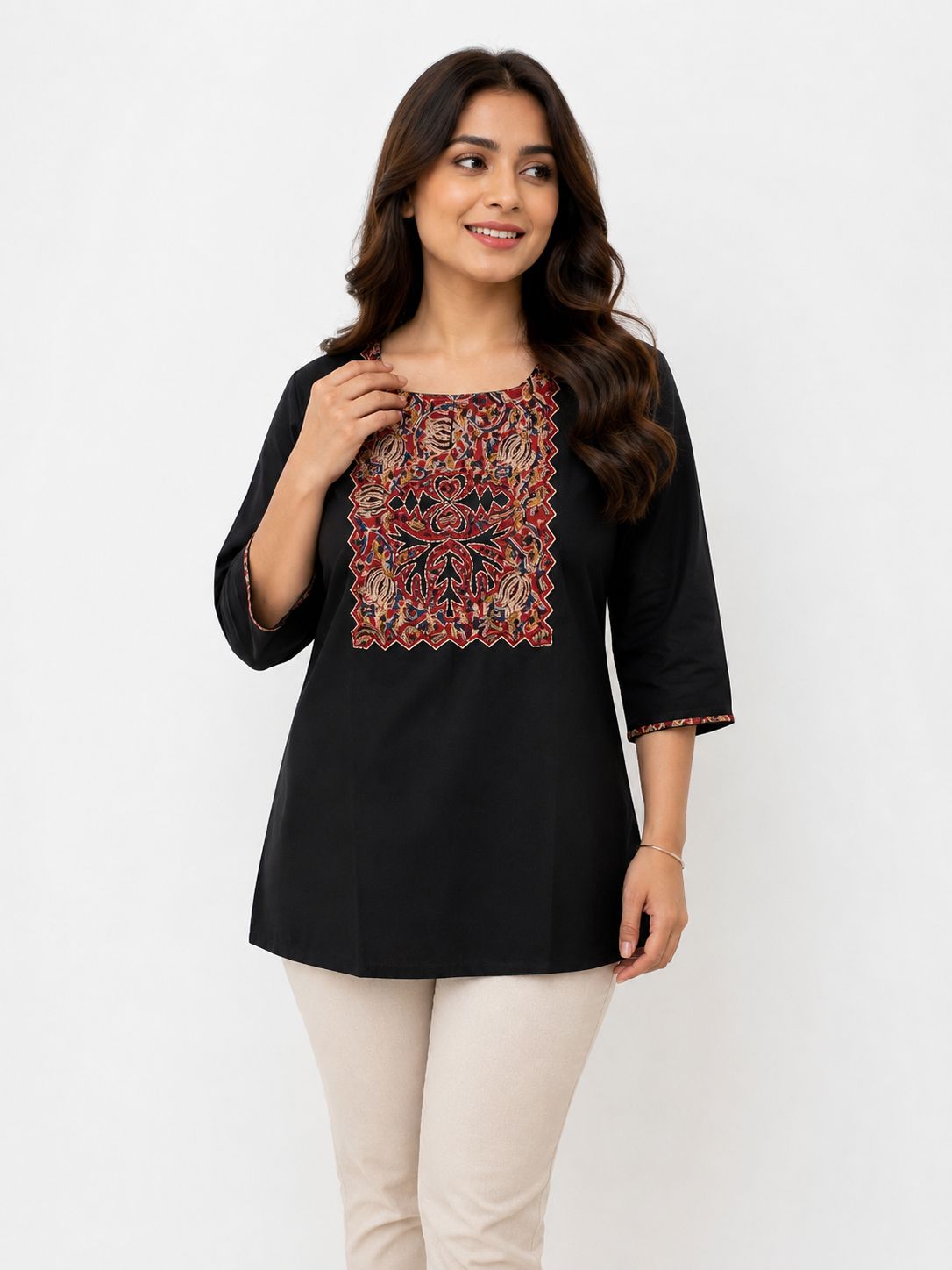 Women’s Black Kalamkari Printed Short Kurti | Ethnic Tunic Top with 3/4 Sleeves | Casual & Office Wear