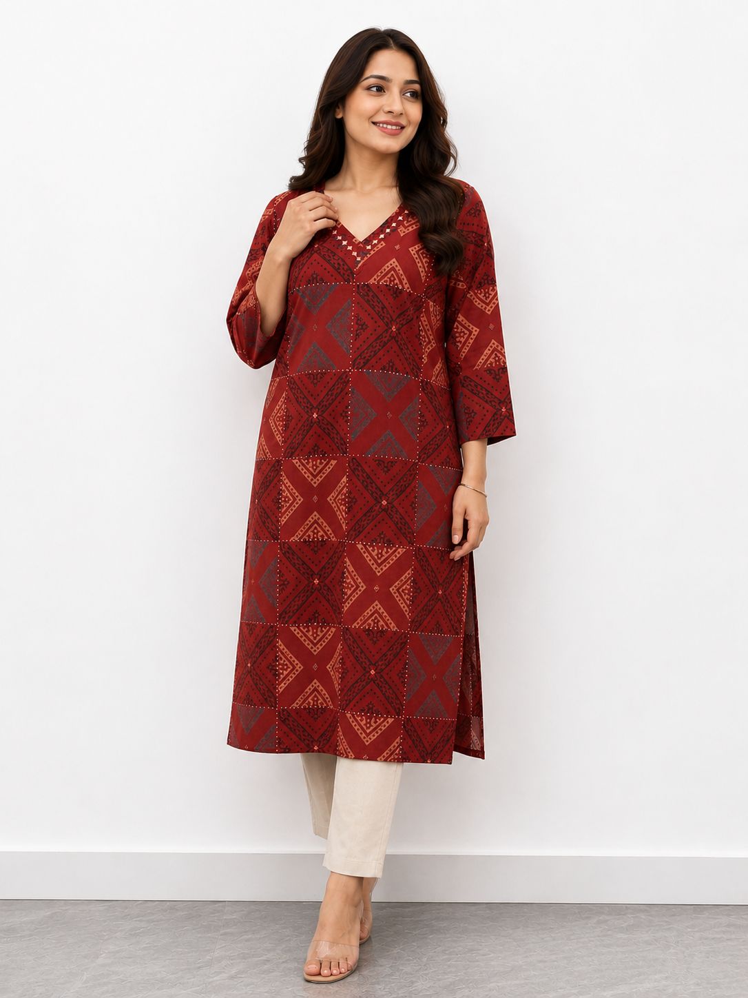 Women’s Printed Straight Kurta for Women | Ethnic Cotton Blend Kurti with 3/4 Sleeves | Casual & Office Wear