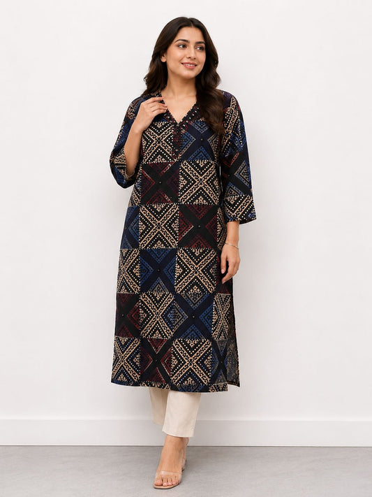 Women’s Printed Straight Kurta for Women | Ethnic V-Neck Kurti with 3/4 Sleeves | Casual & Office Wear