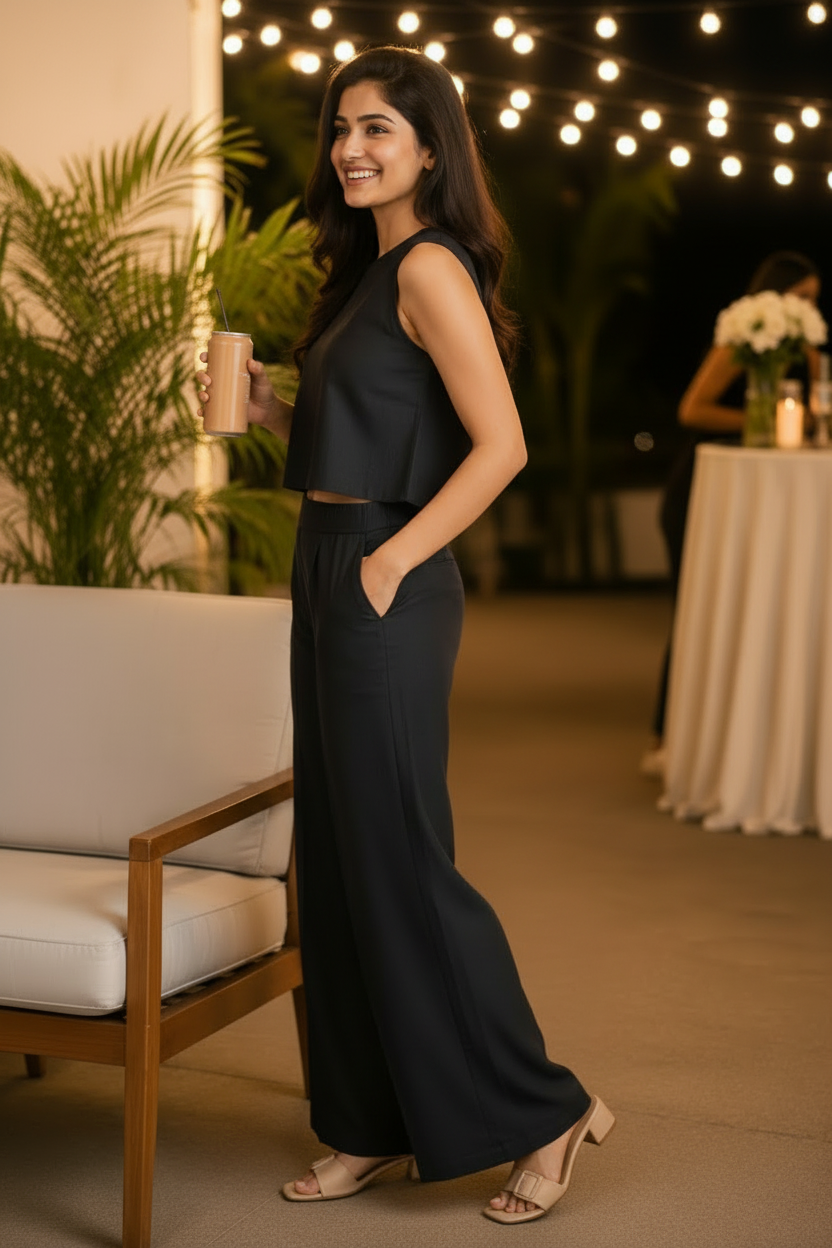 Women Black Mal Mal Cotton Co-Ord Set for Women | Sleeveless Top & Wide Leg Pants Set