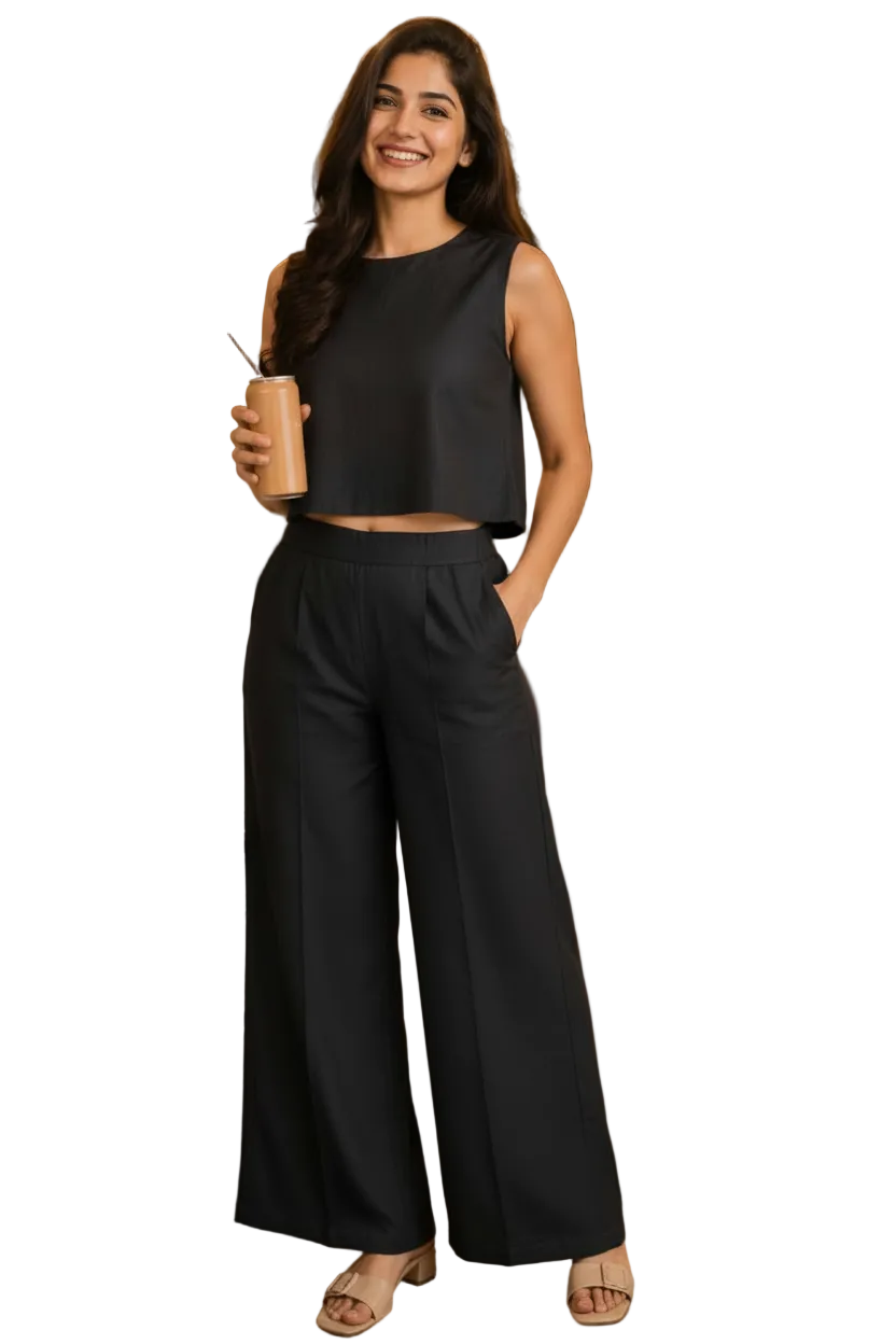 Women Black Mal Mal Cotton Co-Ord Set for Women | Sleeveless Top & Wide Leg Pants Set