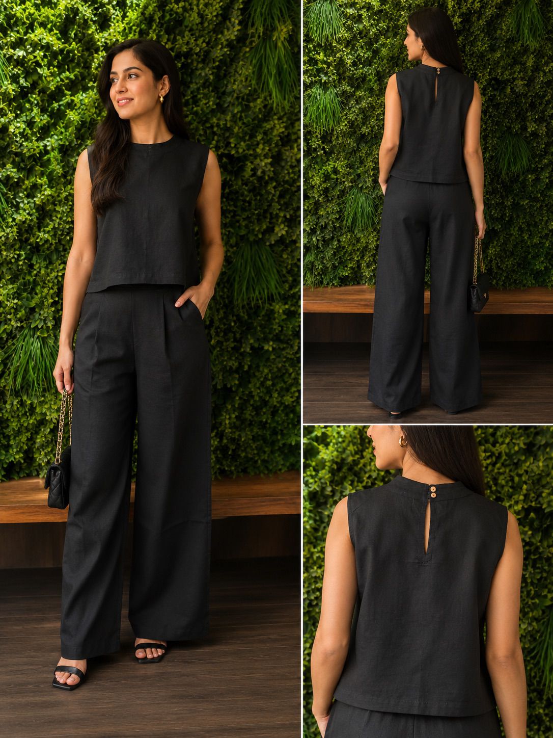 Women Black Mal Mal Cotton Co-Ord Set for Women | Sleeveless Top & Wide Leg Pants Set