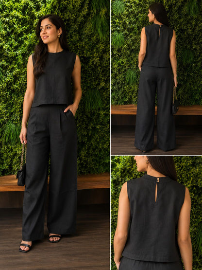 Women Black Mal Mal Cotton Co-Ord Set for Women | Sleeveless Top & Wide Leg Pants Set