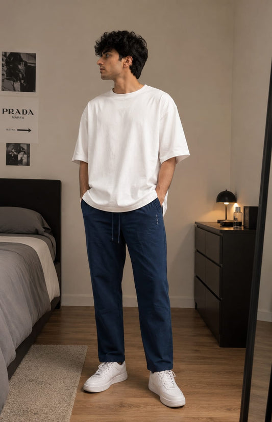 Men’s Pure Cotton Blue Lounge Pants | Comfortable Relaxed Fit Casual Pajama Trousers for Men | Breathable Daily Wear Bottoms