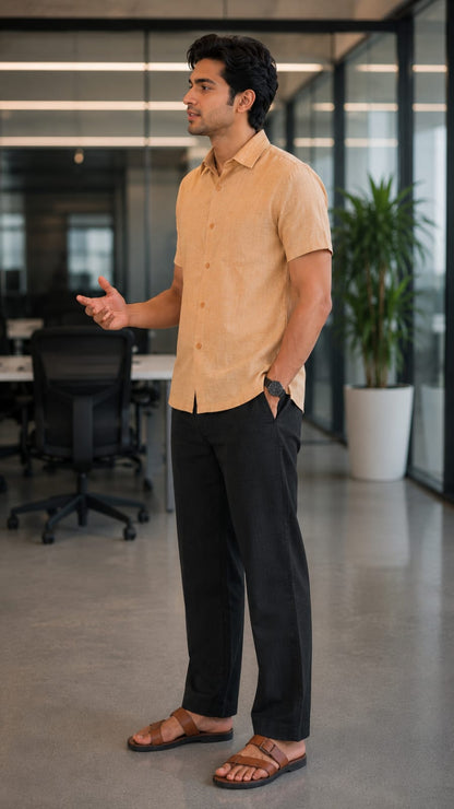 Natural Fab Men’s Linen Blend Half Sleeve Shirt | Casual Solid Summer Shirt for Men | Lightweight Breathable Regular Fit