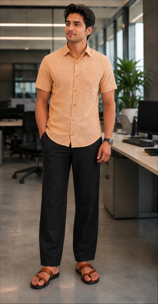 Natural Fab Men’s Linen Blend Half Sleeve Shirt | Casual Solid Summer Shirt for Men | Lightweight Breathable Regular Fit