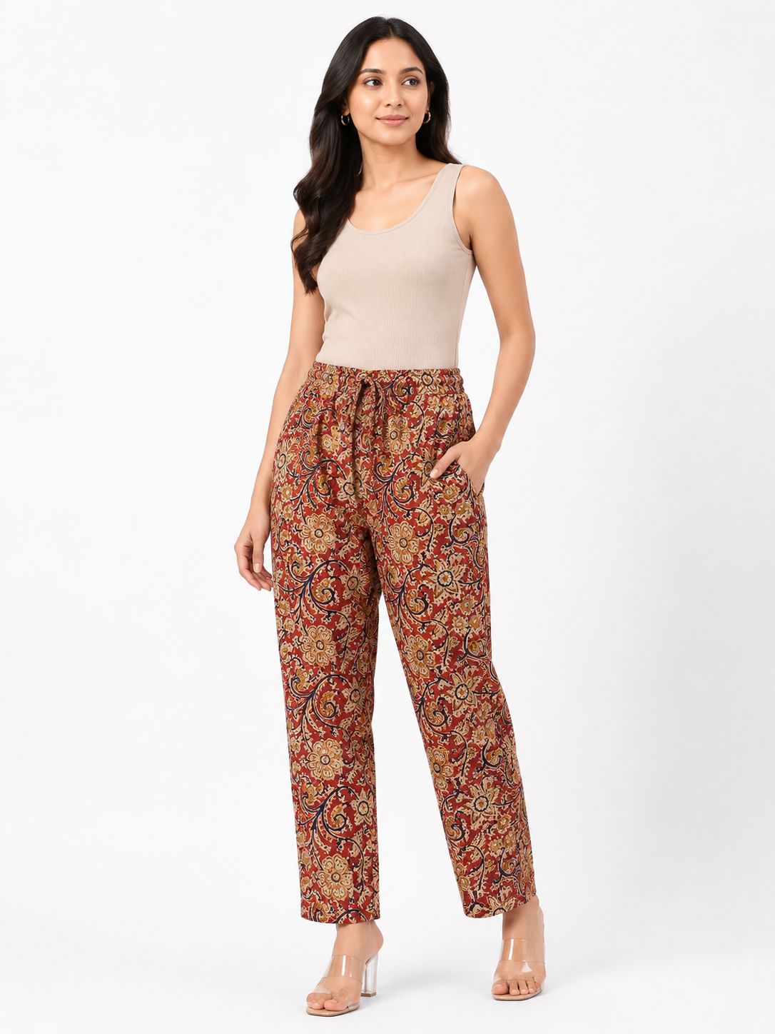 Women’s Cotton Kalamkari Printed Pants for Women | Straight Fit Ethnic Lounge Pants | Soft Casual Wear Bottoms by Natural Fab