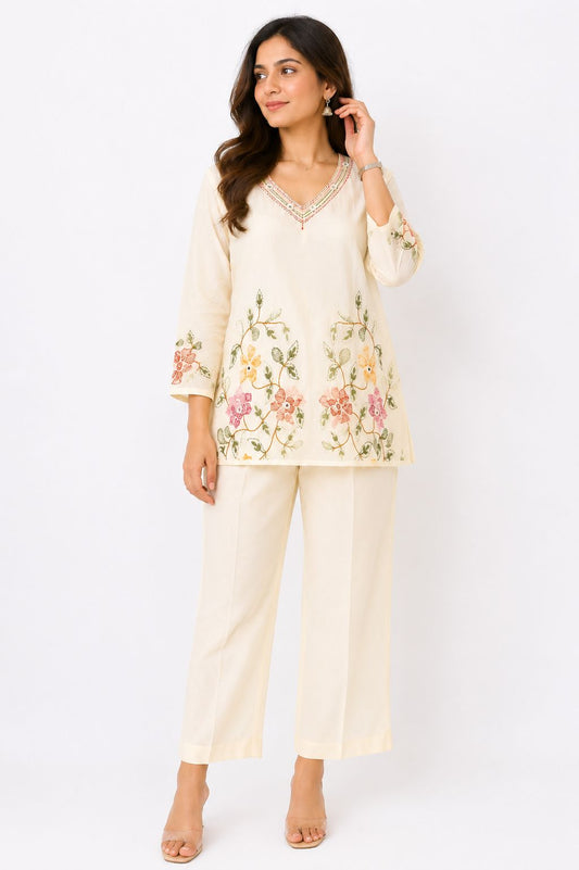 Women’s Premium Mal Cotton Embroidered Co-Ord Set | Soft Floral Embroidered Top & Pants Set for Women | Elegant Casual & Lounge Wear