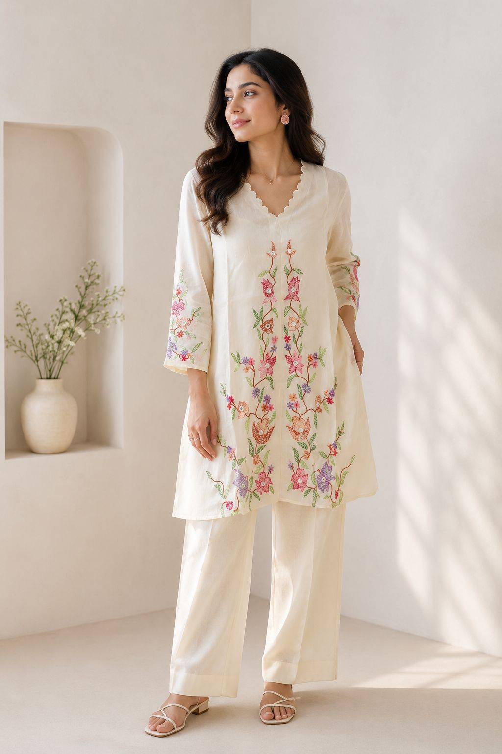 Women’s Premium Mal Cotton Embroidered Co-Ord Set | Floral Embroidered Ethnic Lounge Wear Set for Women | Soft Cotton Top & Palazzo Pants