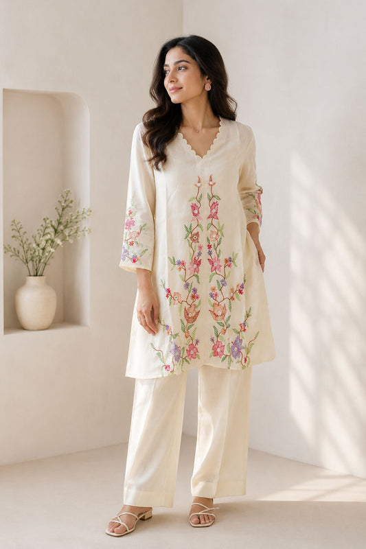 Women’s Premium Mal Cotton Embroidered Co-Ord Set | Floral Embroidered Ethnic Lounge Wear Set for Women | Soft Cotton Top & Palazzo Pants