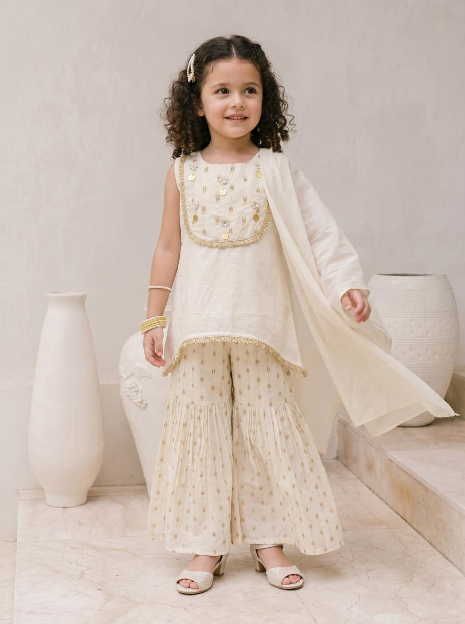 Girls Cream Ethnic Sharara Set with Dupatta | Kids Festive Wear Suit | Embroidered Sleeveless Kurti & Palazzo Set for Baby Girls