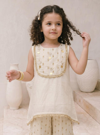 Girls Cream Ethnic Sharara Set with Dupatta | Kids Festive Wear Suit | Embroidered Sleeveless Kurti & Palazzo Set for Baby Girls