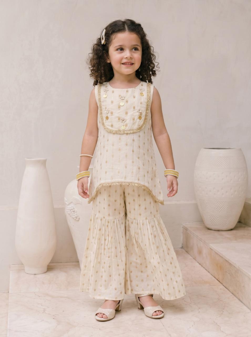 Girls Cream Ethnic Sharara Set with Dupatta | Kids Festive Wear Suit | Embroidered Sleeveless Kurti & Palazzo Set for Baby Girls