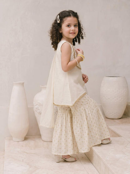 Girls Cream Ethnic Sharara Set with Dupatta | Kids Festive Wear Suit | Embroidered Sleeveless Kurti & Palazzo Set for Baby Girls
