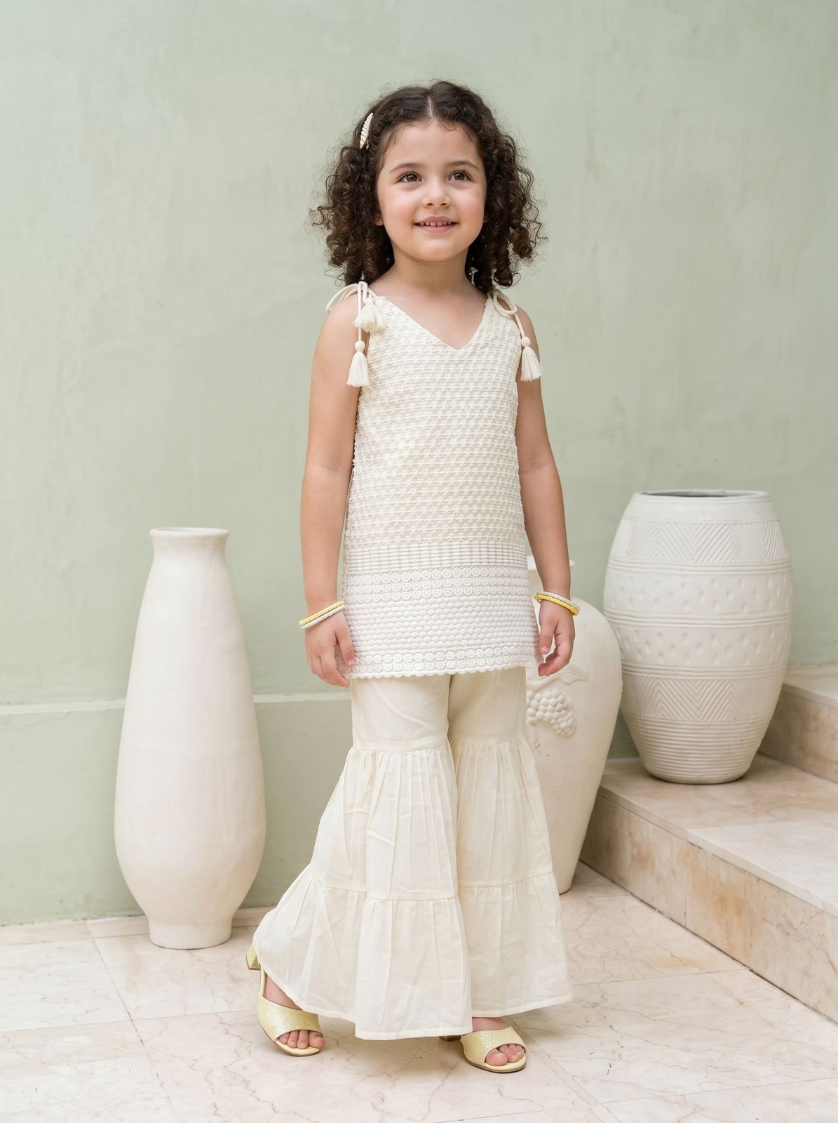 Girls White Ethnic Sharara Co-Ord Set | Kids Sleeveless Kurti & Palazzo Set | Stylish Party Wear Outfit for Baby Girls