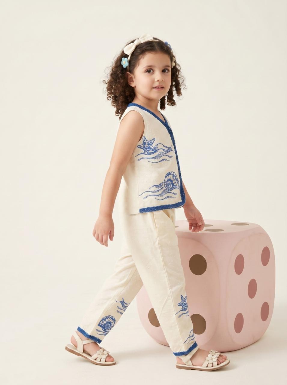 Baby Girls White & Blue Embroidered Baby set Set | Kids Sleeveless Top & Pants Set | Cute Casual & Summer Wear for Girls