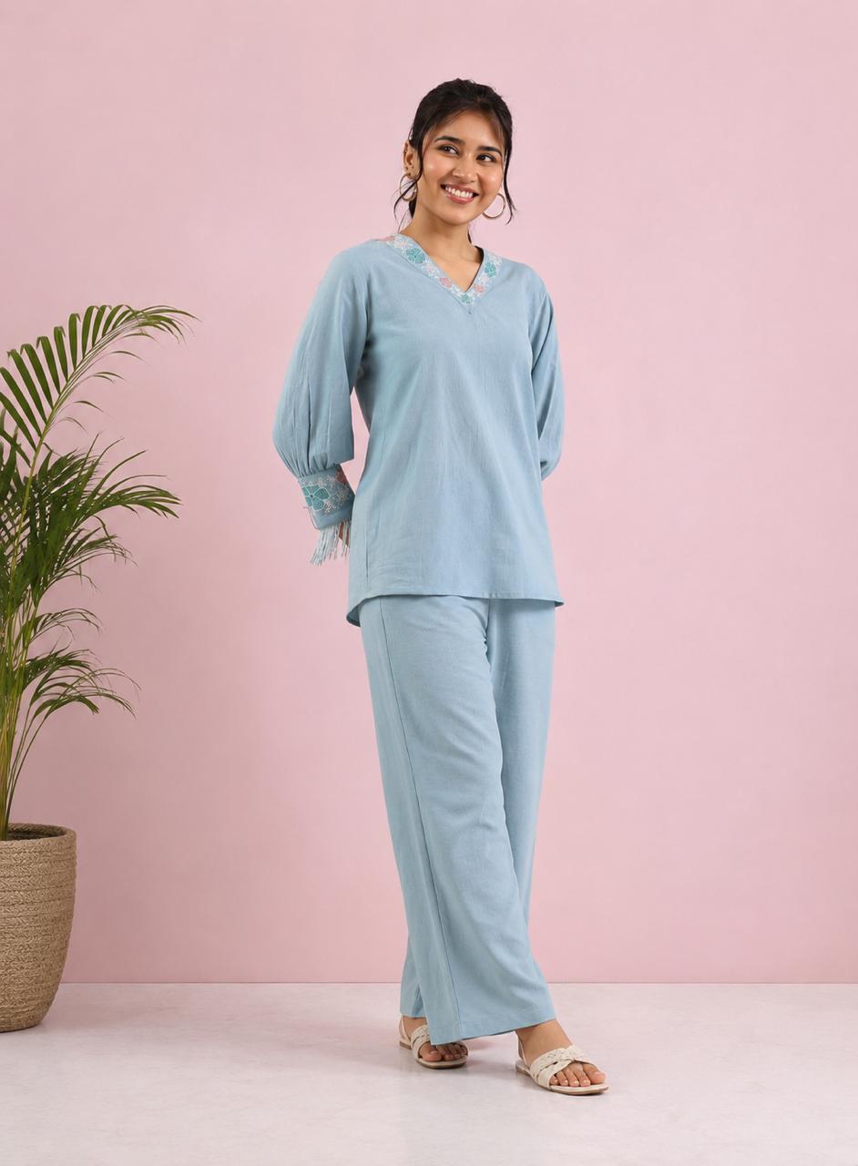 Women’s Cotton Co-Ord Set | Embroidered V-Neck Top with Straight Pants | Soft Casual Lounge Wear Set for Women