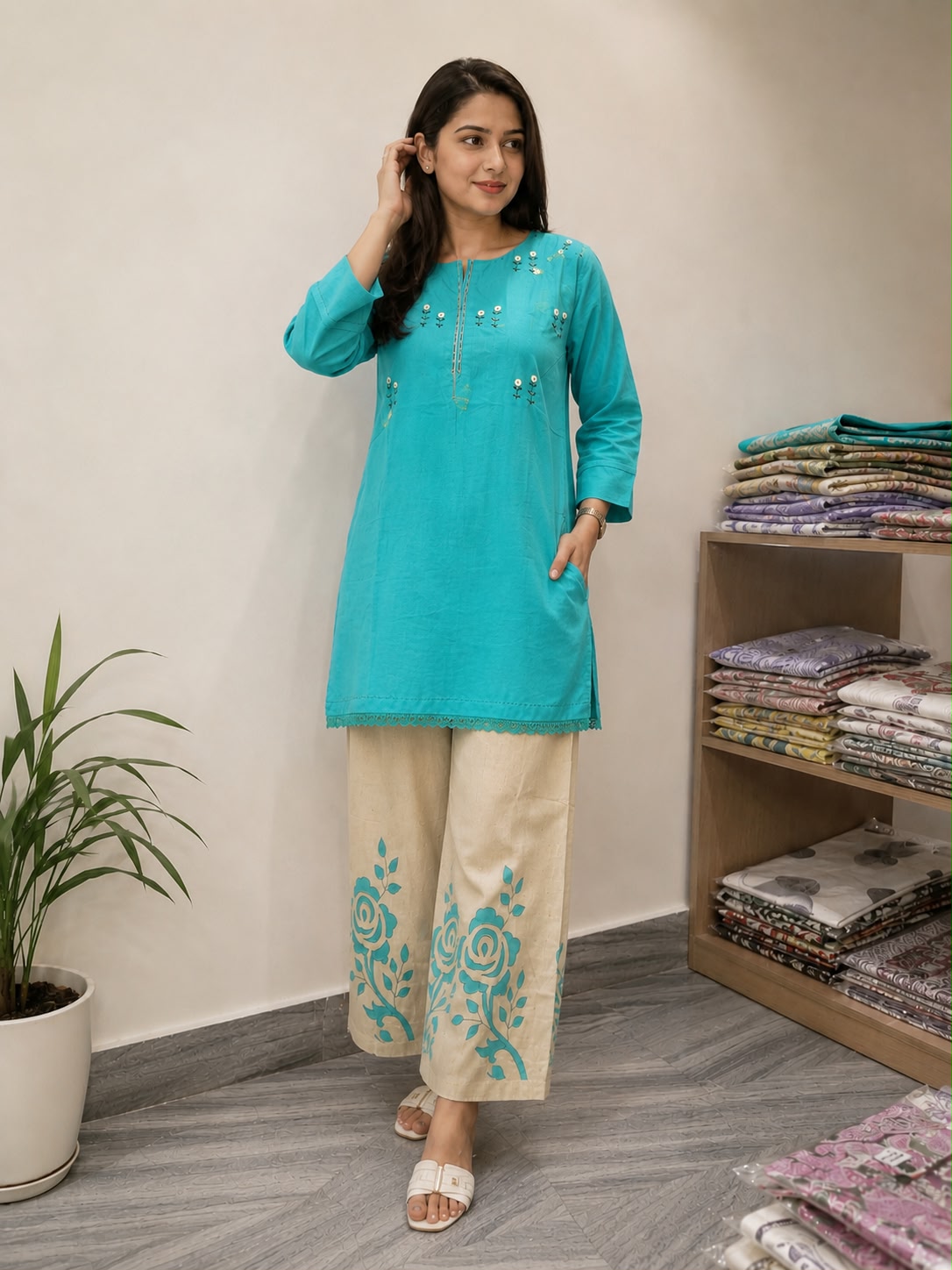 Women Cotton Co-Ord Set with Floral Printed Palazzo Pants | Turquoise Blue Straight Kurti Set for Women | Casual Ethnic Co Ord Outfit