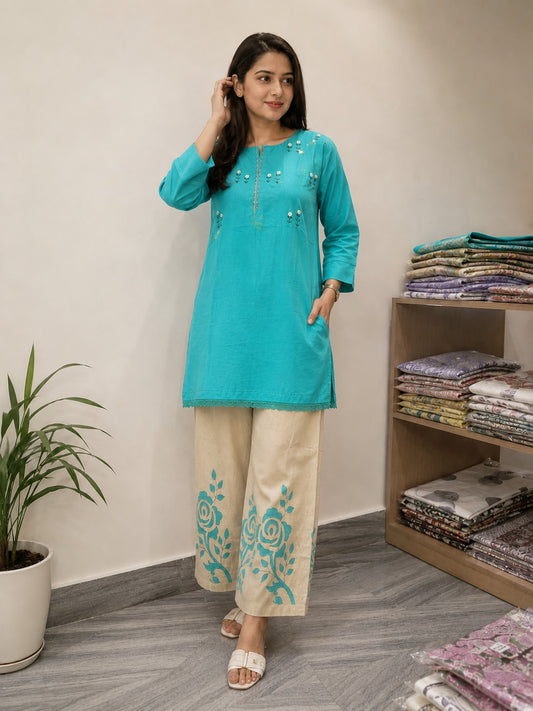 Women Cotton Co-Ord Set with Floral Printed Palazzo Pants | Turquoise Blue Straight Kurti Set for Women | Casual Ethnic Co Ord Outfit