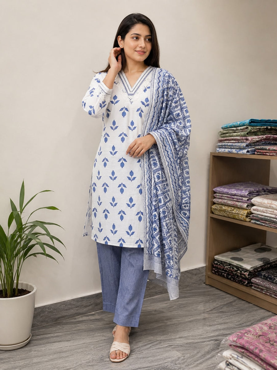 Women Cotton Printed Kurti Pant Set with Dupatta | Blue & White Ethnic Kurta Set for Women | Casual Traditional Wear Suit Set