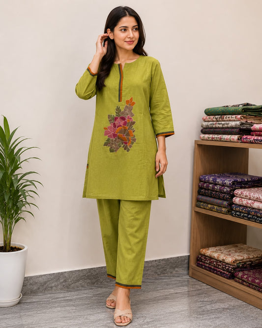 Women Cotton Co-Ord Set for Women | Olive Green Floral Printed Kurti Pant Set | Casual Ethnic Lounge Wear Outfit