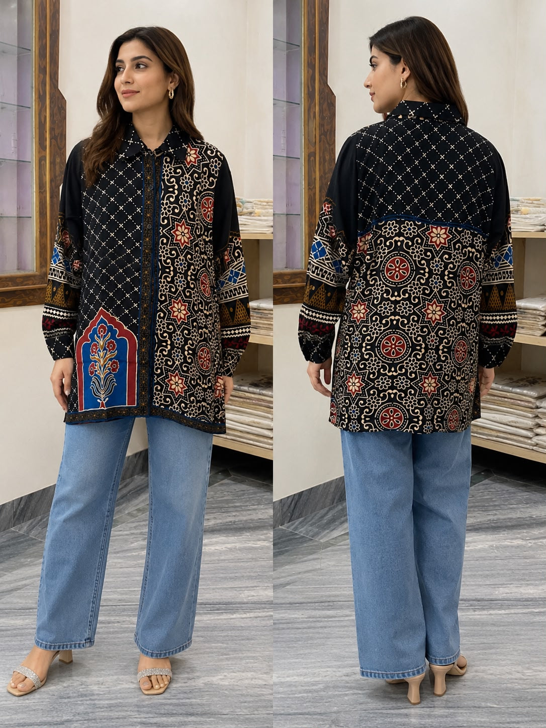 Women Ajrakh Modal Silk Shirt for Women | Designer Indo-Western Long Shirt Top | Ethnic Fusion Wear