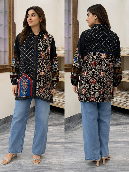 Women Ajrakh Modal Silk Shirt for Women | Designer Indo-Western Long Shirt Top | Ethnic Fusion Wear