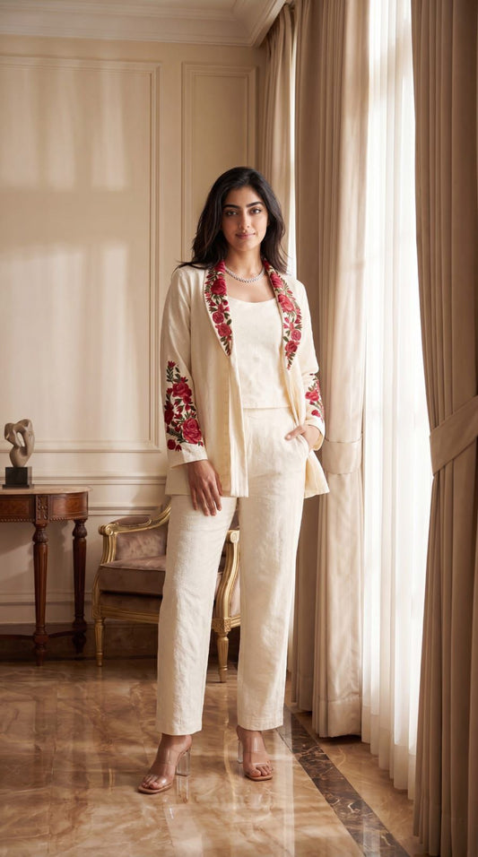Women’s Embroidered Cotton Co-Ord Set with Long Shrug | Elegant Ethnic Co Ord Set for Women | Stylish 3 Piece Lounge Wear
