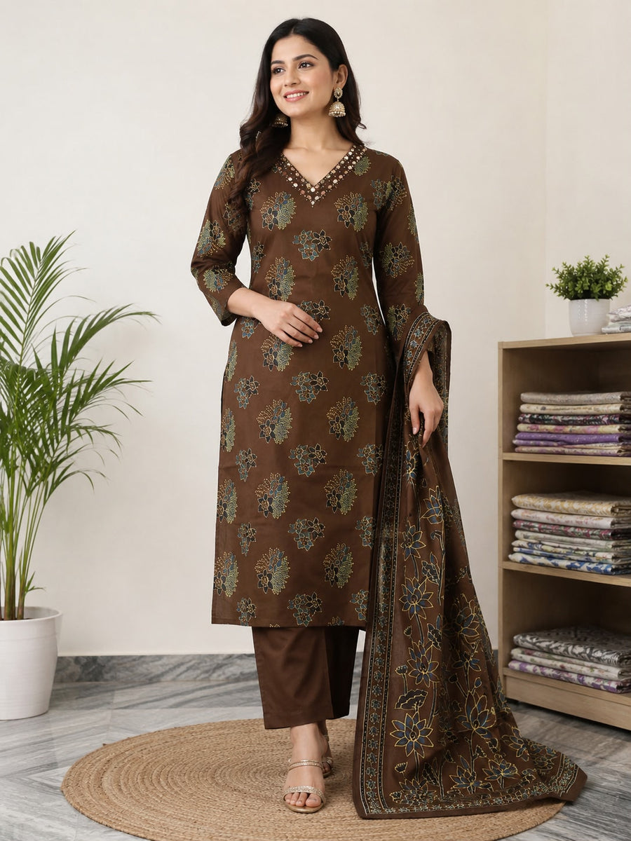 Women Brown Printed Kurti Pant Set with Dupatta | Elegant Ethnic Straight Kurta Set for Women | Festive, Casual & Office Wear