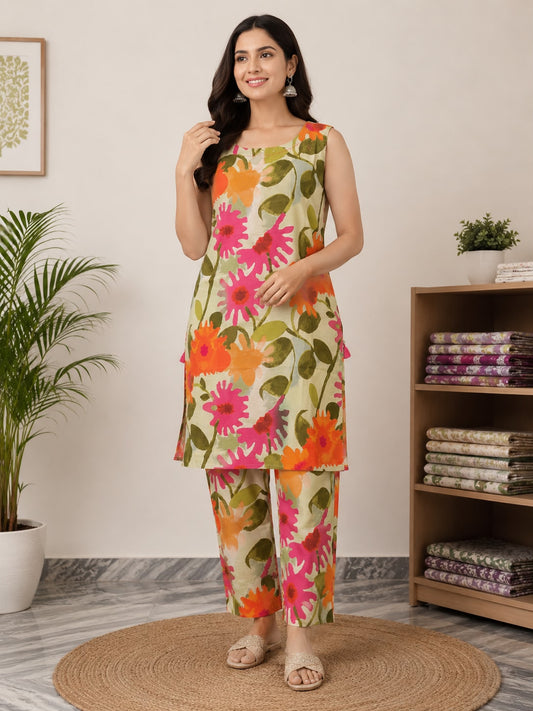 Women Khadi Cotton Floral Printed Co-Ord Set | Sleeveless Ethnic Co Ord Set for Women | Casual Summer Lounge Wear Outfit
