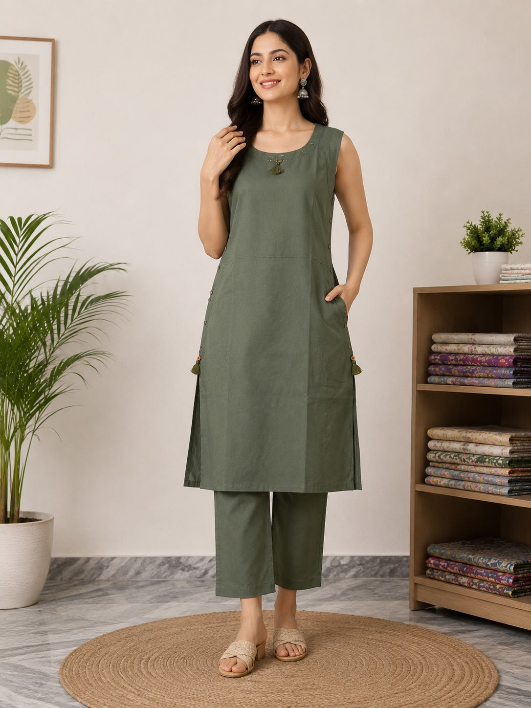 Women Khadi Cotton Kurti Pant Set | Sleeveless Solid Co-Ord Ethnic Set for Women | Casual Office & Summer Wear