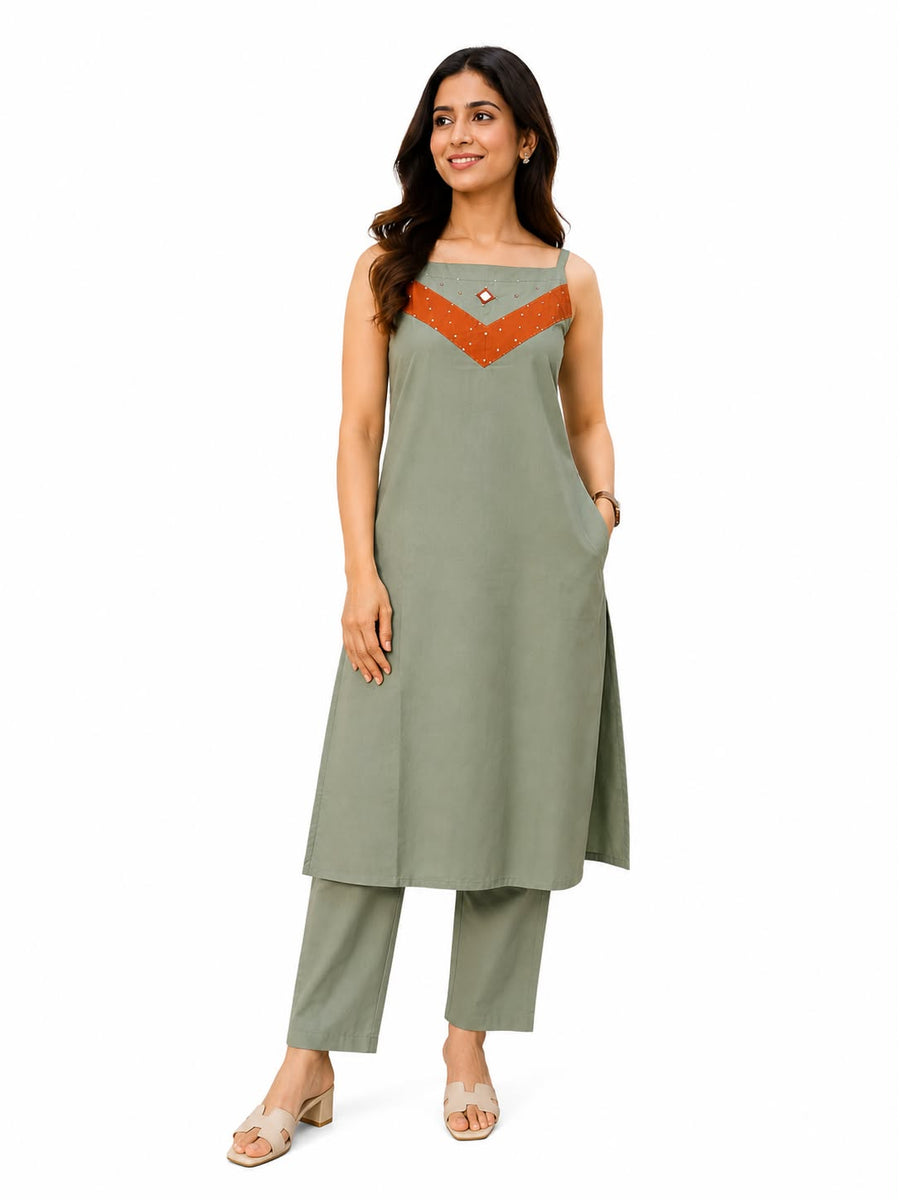 Women Sage Green Cotton Sleeveless Kurti Pant Set | Straight Fit Ethnic Co-Ord Set with Contrast Yoke Design | Casual Office Wear