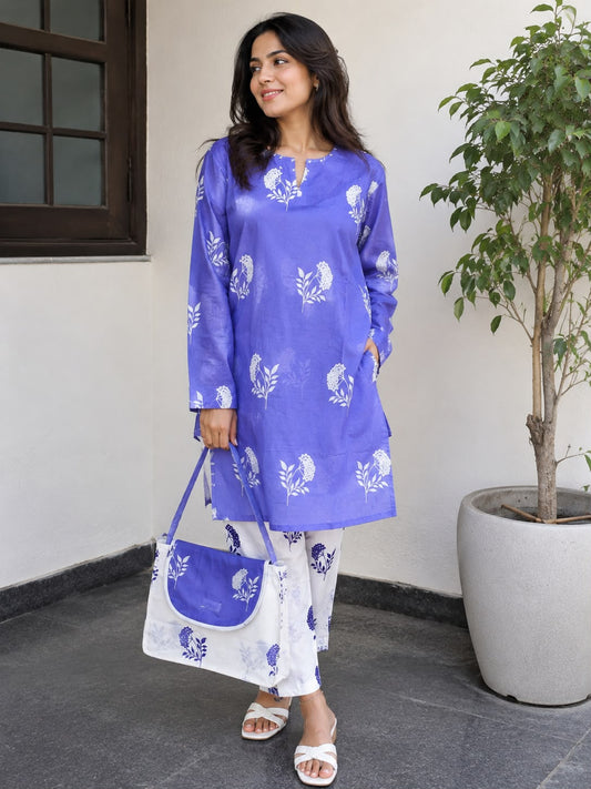 Women’s Cotton Printed Co-Ord Set with Matching Handbag | Kurta Pant Set for Women | 3-Piece Ethnic Lounge Wear Outfit
