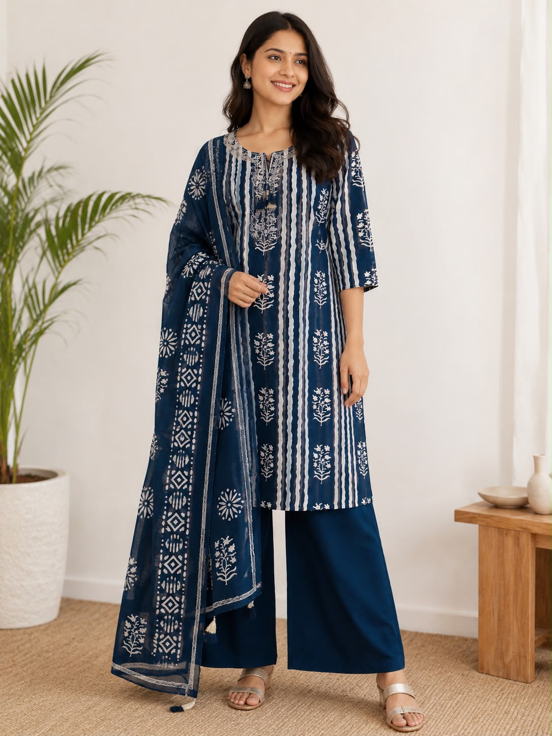 Women’s Indigo Blue Printed Kurti Pant Set with Dupatta | Cotton Ethnic 3-Piece Kurta Set
