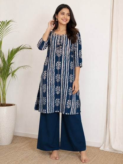 Women’s Indigo Blue Printed Kurti Pant Set with Dupatta | Cotton Ethnic 3-Piece Kurta Set