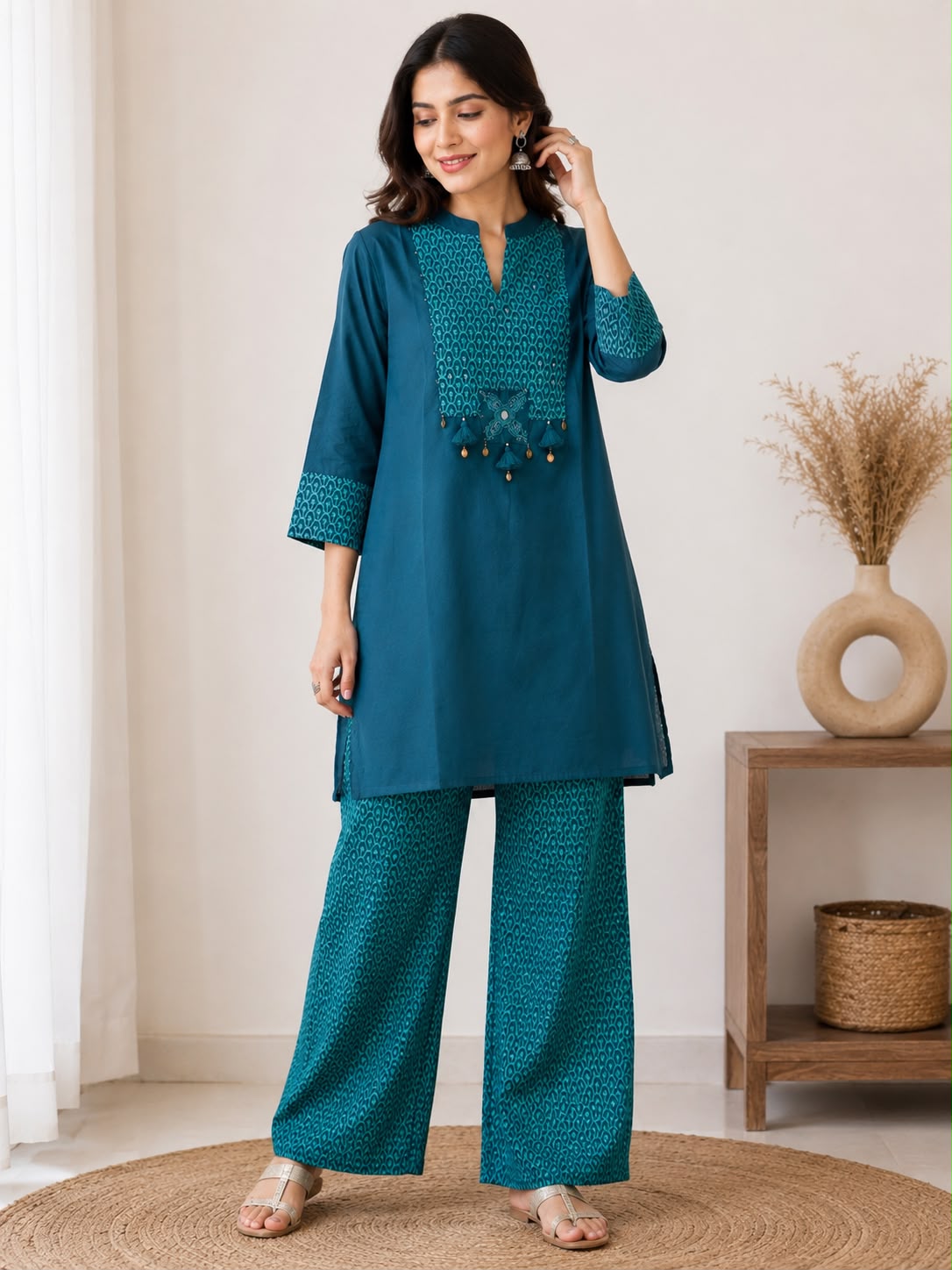 Women’s Teal Blue Printed Co-Ord Set | Cotton Kurti Style Top with Wide-Leg Palazzo Pants